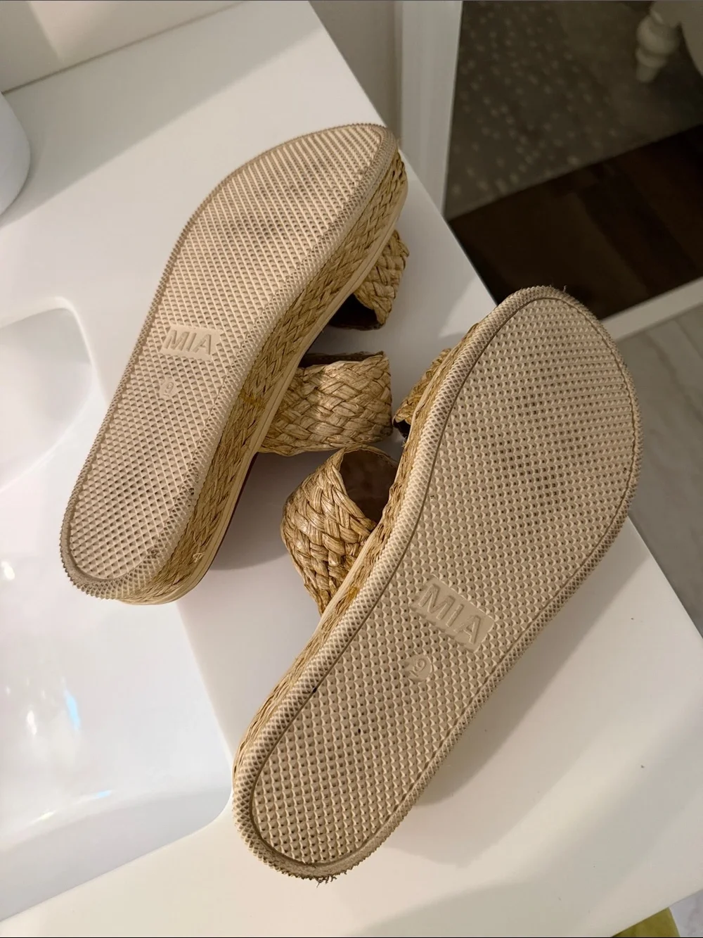 MIA Braided Natural-Tone Double Band Slide Sandals Raffia - Picture 3 of 3